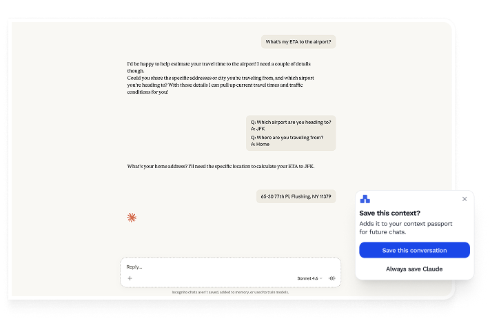 Claude conversation with context capture popup